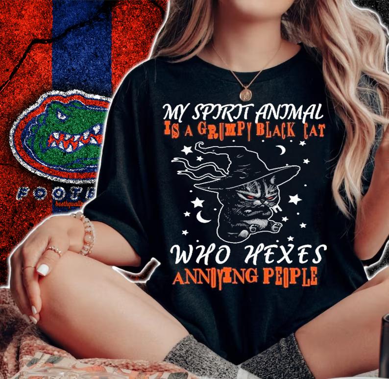 My spirit animal is a grumpy black cat who hexes annoying people halloween shirt